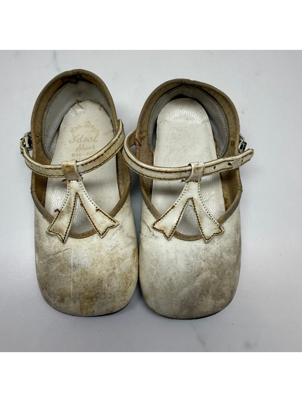 Vintage Mrs Day's Ideal Baby Shoes White Leather T-Strap Bow 1950s Nursery Decor